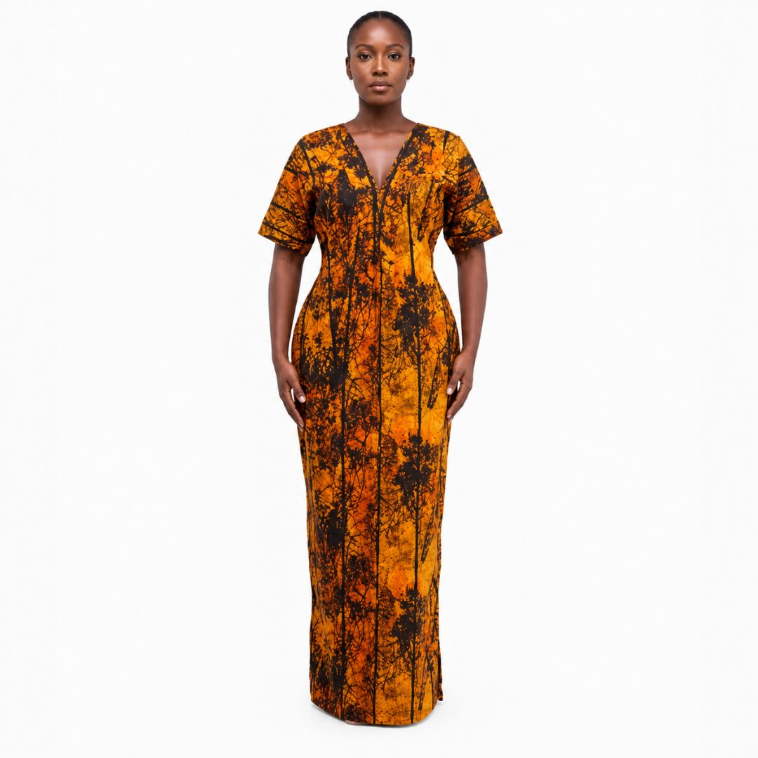 Vibrant Batik Style Maxi Dress with V Neckline